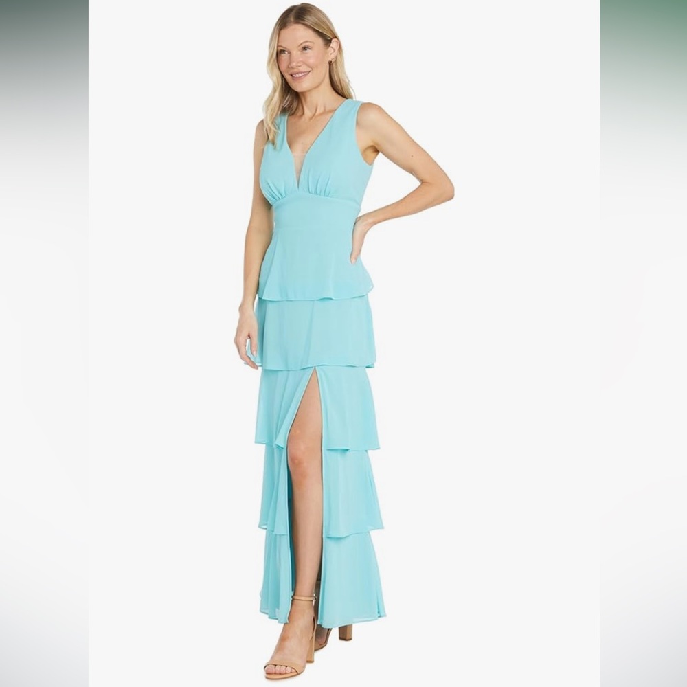 NWT Women's Long Chiffon Dress V-Neck Set Waist Multi-Tiered Skirt Aqua Size 18